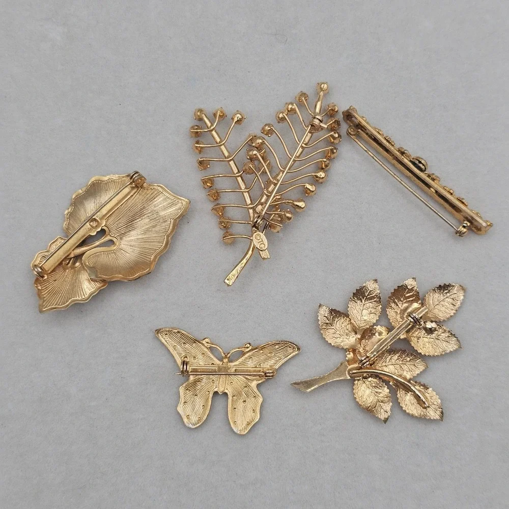 Vintage Rhinestone Brooch Lot Gold Tone Butterfly Leaf Nature Botanical 5pc